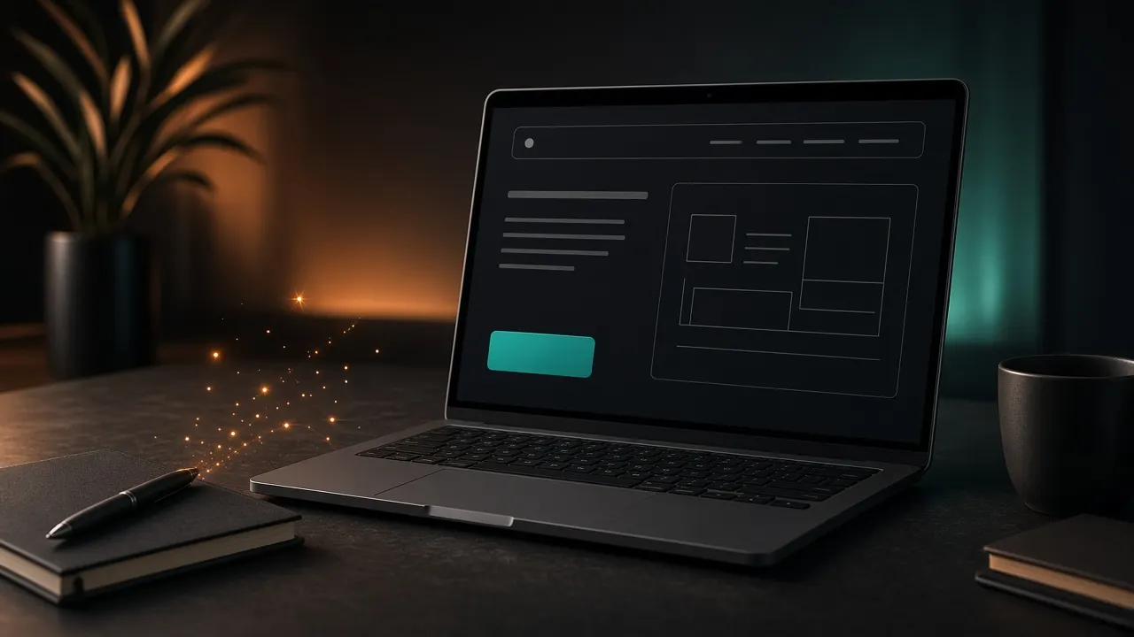 Capa do artigo: Notebook com wireframe de landing page e brilho suave de aurora