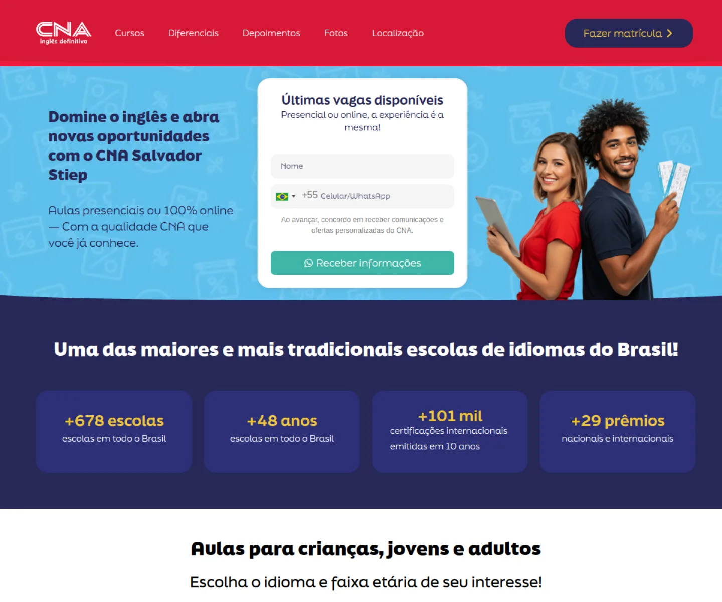 Tela inicial desktop da landing page do CNA Salvador Stiep